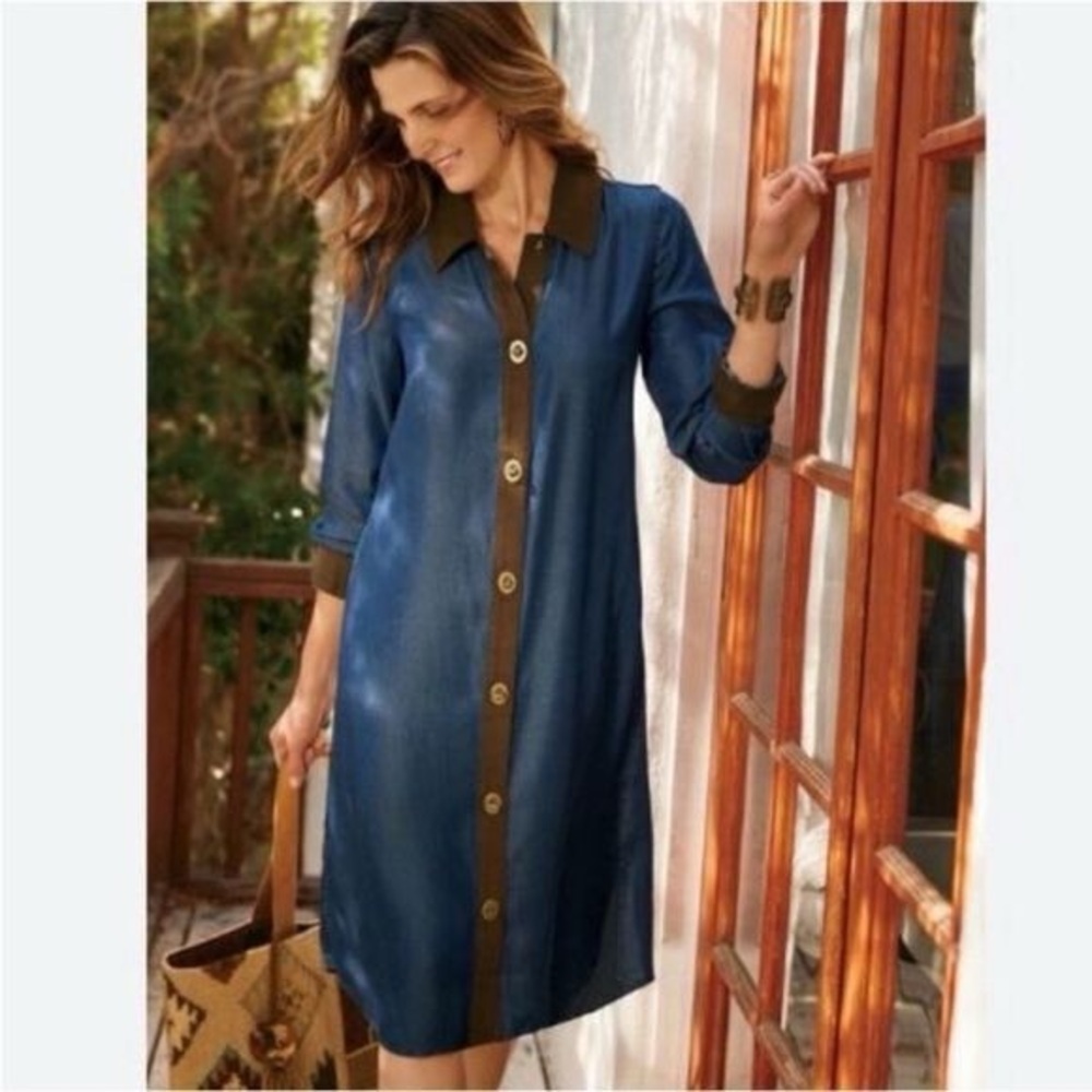 Soft Surroundings Icons Urbina Chambray Faux Suede Toggle Brass Button Dress L